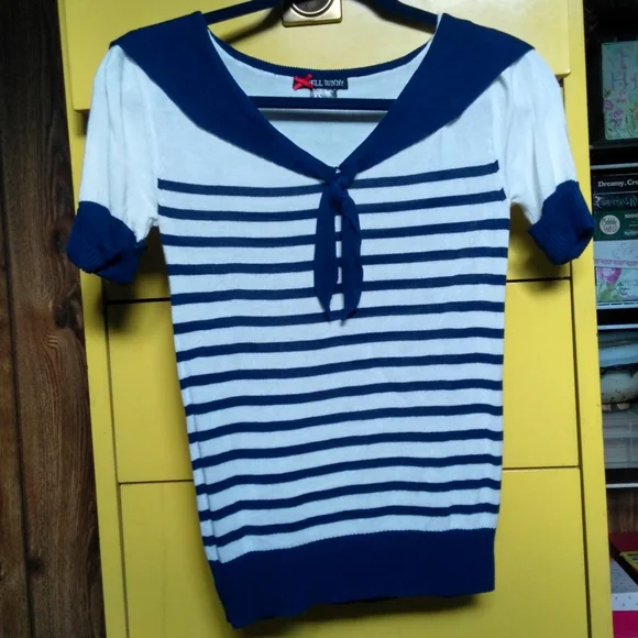 Hell Bunny Blue and White Striped Sailor Top⚓ - Picture 1 of 5
